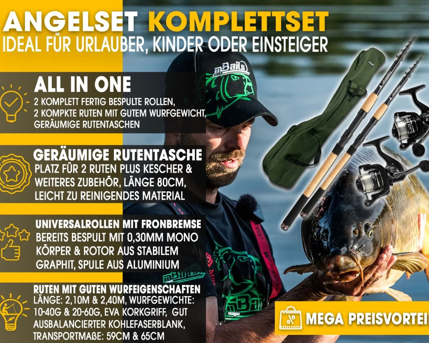 Angel Berger Angelset Komplettset 2 Teleskopruten Rollen Rutentasche Angelruten Angelrollen mit Angelschnur und Rutentasche Angelsets