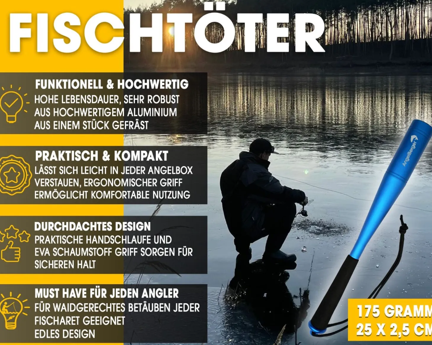 Angel Berger Deluxe Aluminium Fischtöter mit Handschlaufe Fischbetäuber Totschläger Friedfischangeln