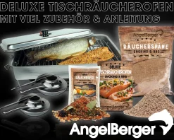Angel Berger Deluxe Tischraeucherofen mit Zubehoer Edelstahl Smoker mit Räuchermehl Räucherlauge Räucheranleitung Räucherset Räucherofen