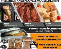 Angel Berger Deluxe Tischraeucherofen mit Zubehoer Edelstahl Smoker mit Räuchermehl Räucherlauge Räucheranleitung Räucherset Räucherofen