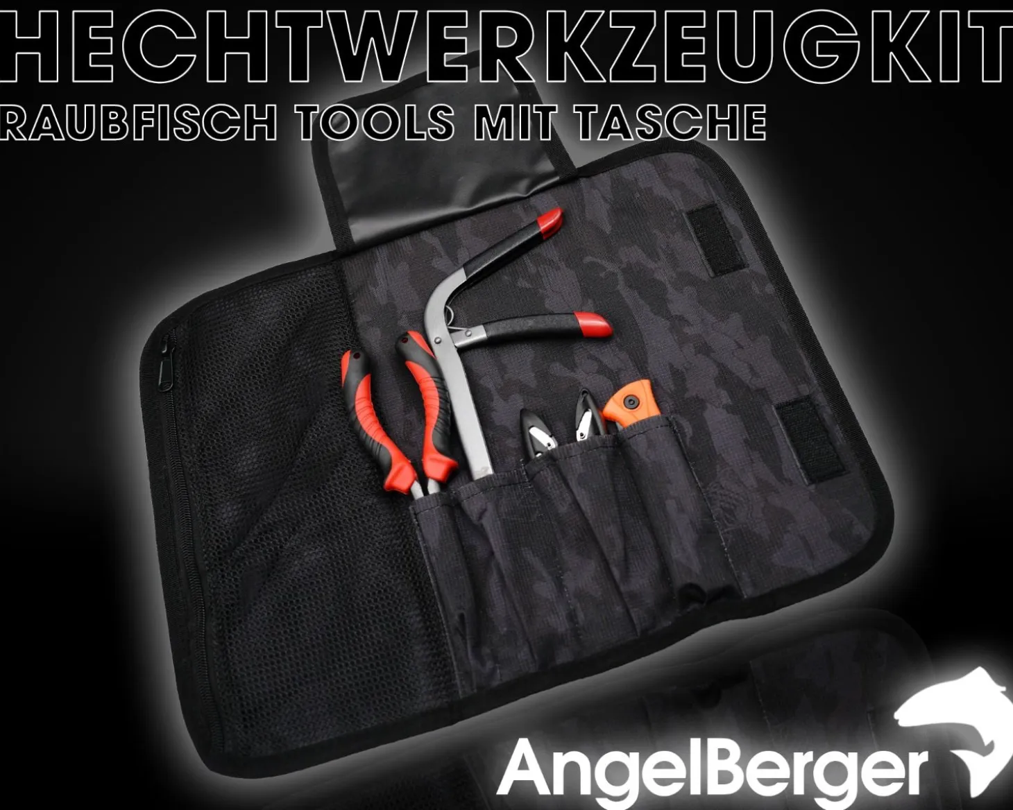 Angel Berger Hechtwerkzeugkit mit Tasche Raubfisch Tools mit Tasche Werkzeugset Angler Angelmesser Angelzange Hechtangeln