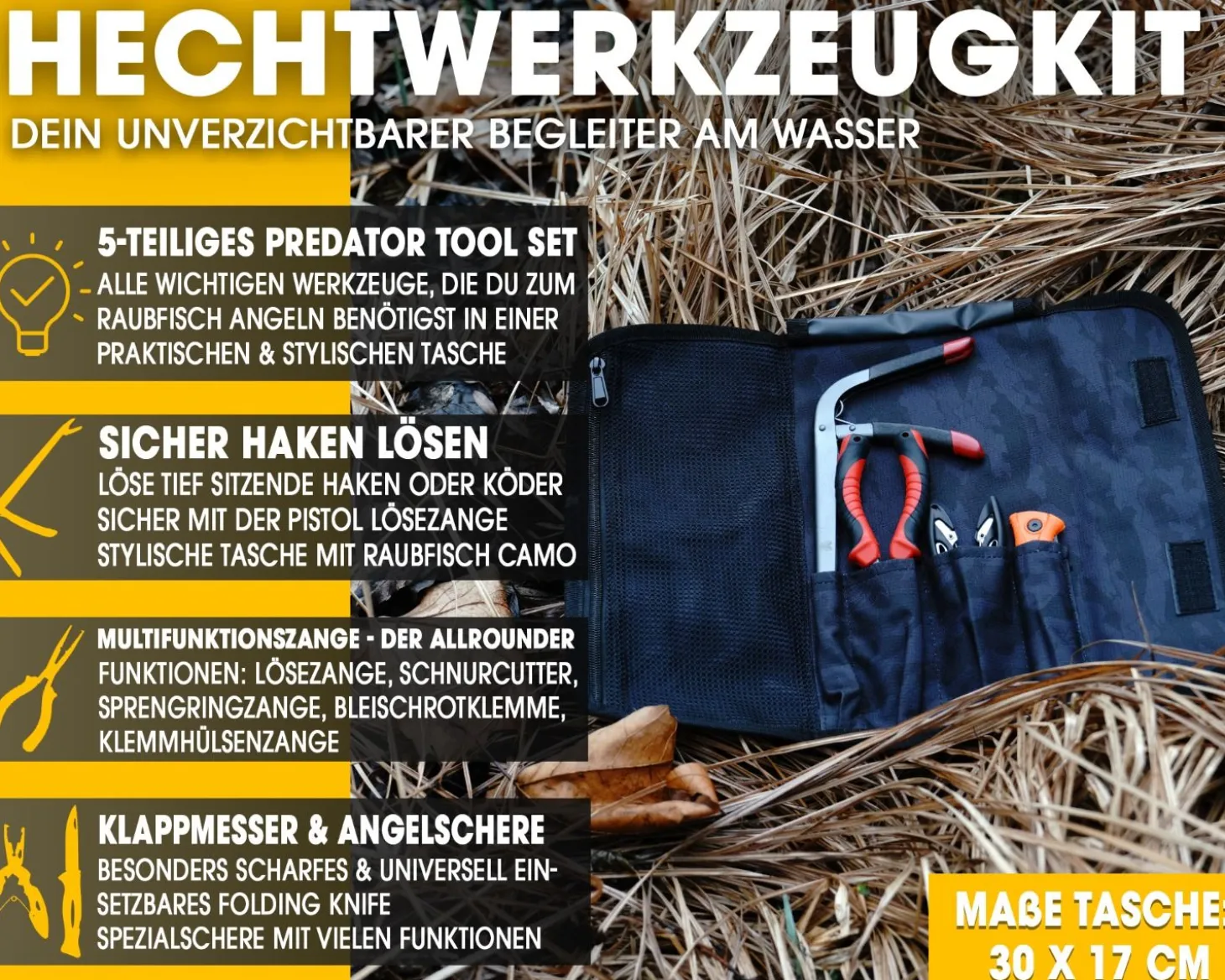 Angel Berger Hechtwerkzeugkit mit Tasche Raubfisch Tools mit Tasche Werkzeugset Angler Angelmesser Angelzange Hechtangeln