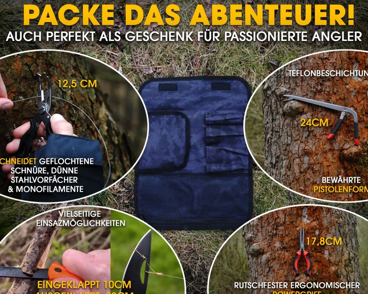Angel Berger Hechtwerkzeugkit mit Tasche Raubfisch Tools mit Tasche Werkzeugset Angler Angelmesser Angelzange Hechtangeln