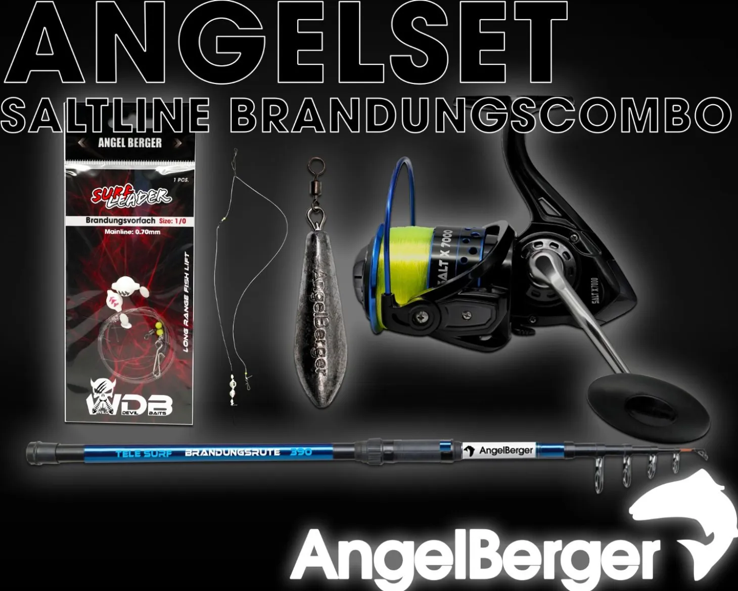 Angel Berger Saltline Brandungscombo Brandungsset mit Zubehör Brandungsrute Meeresrolle mit Brandungsvorfach und Blei Angelsets