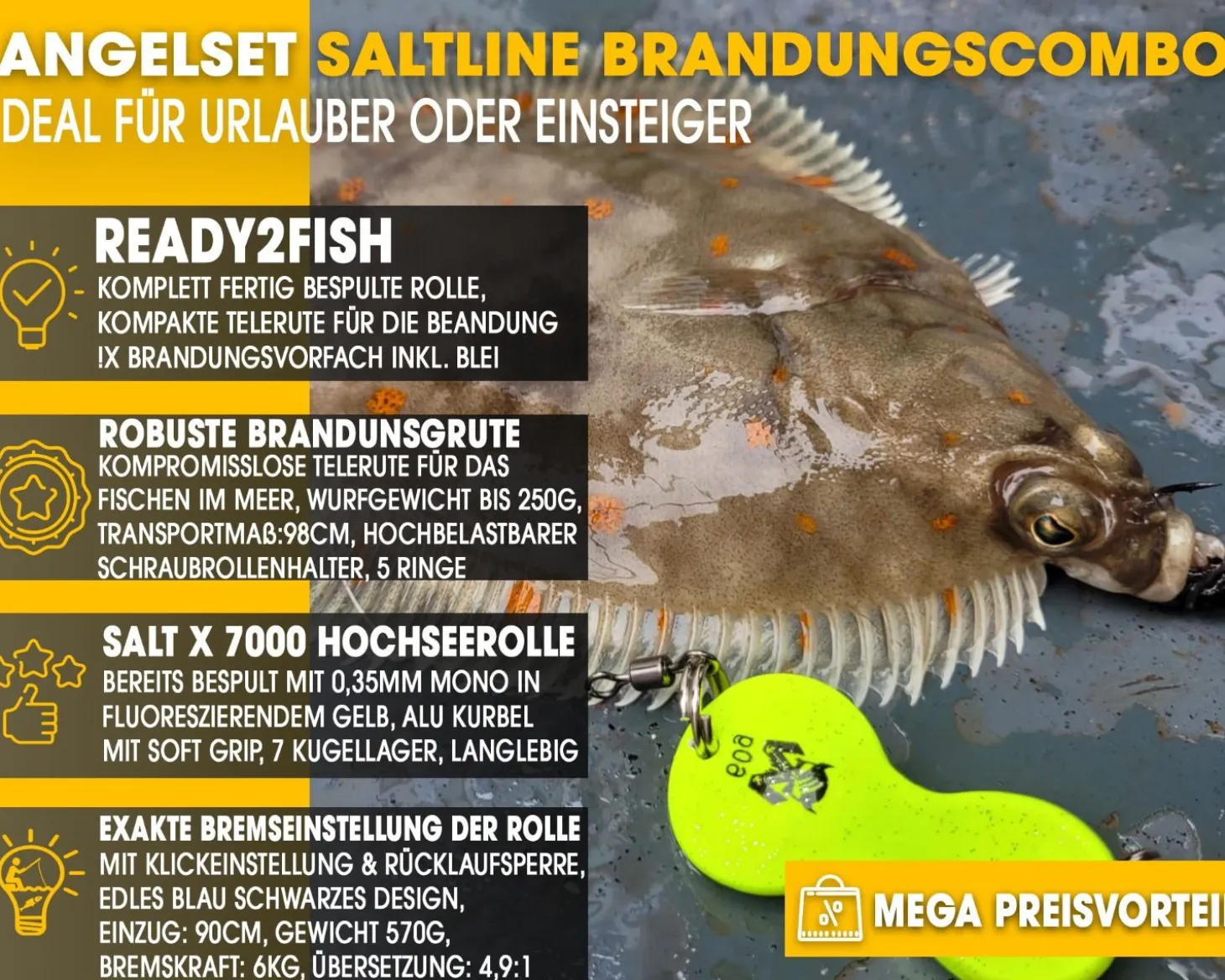 Angel Berger Saltline Brandungscombo Brandungsset mit Zubehör Brandungsrute Meeresrolle mit Brandungsvorfach und Blei Angelsets