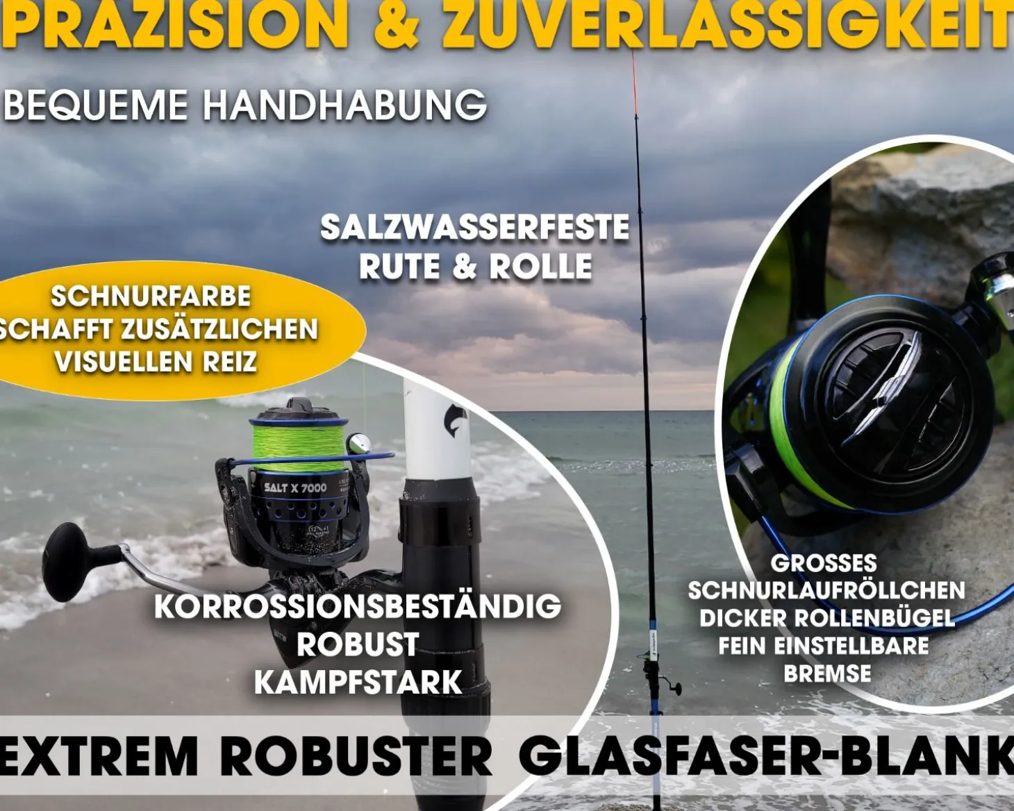 Angel Berger Saltline Brandungscombo Brandungsset mit Zubehör Brandungsrute Meeresrolle mit Brandungsvorfach und Blei Angelsets