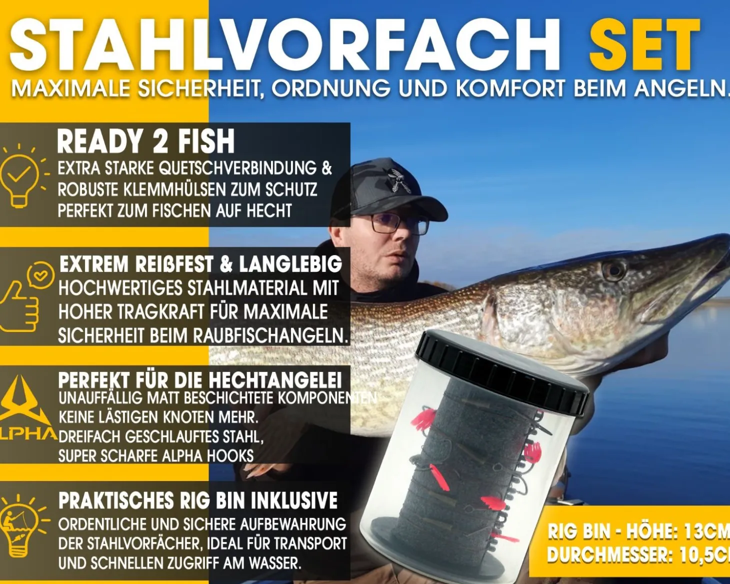 Angel Berger Stahlvorfach Set mit Box Rig Bin mit Stahlvorfächer zum Hechtangeln Steel Wire Leader Set Zielfische