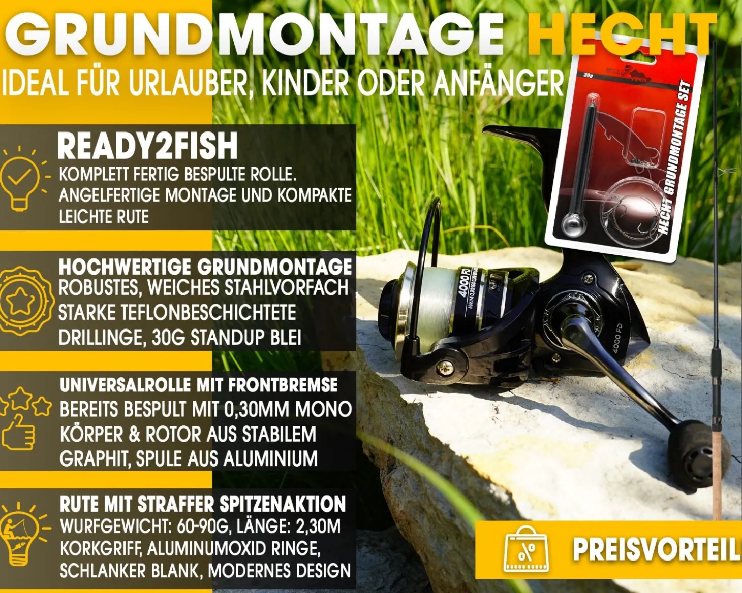 Angel Berger Steck Angelset Hecht Grundmontage Rute Rolle Angelzubehör Köderfischmontage Ready2Fish Angelset Fishing Set Pike Dead Bait Grundangel Angelset Köderfischangeln Angelsets