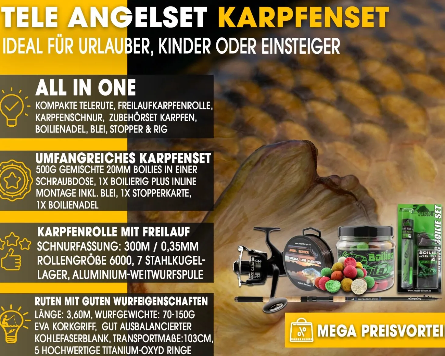 Angel Berger Tele Karpfenset Angelset Karpfen Carp Set Karpfenrute Karpfenrolle und Karpfenzubehör Karpfenangeln Angelsets