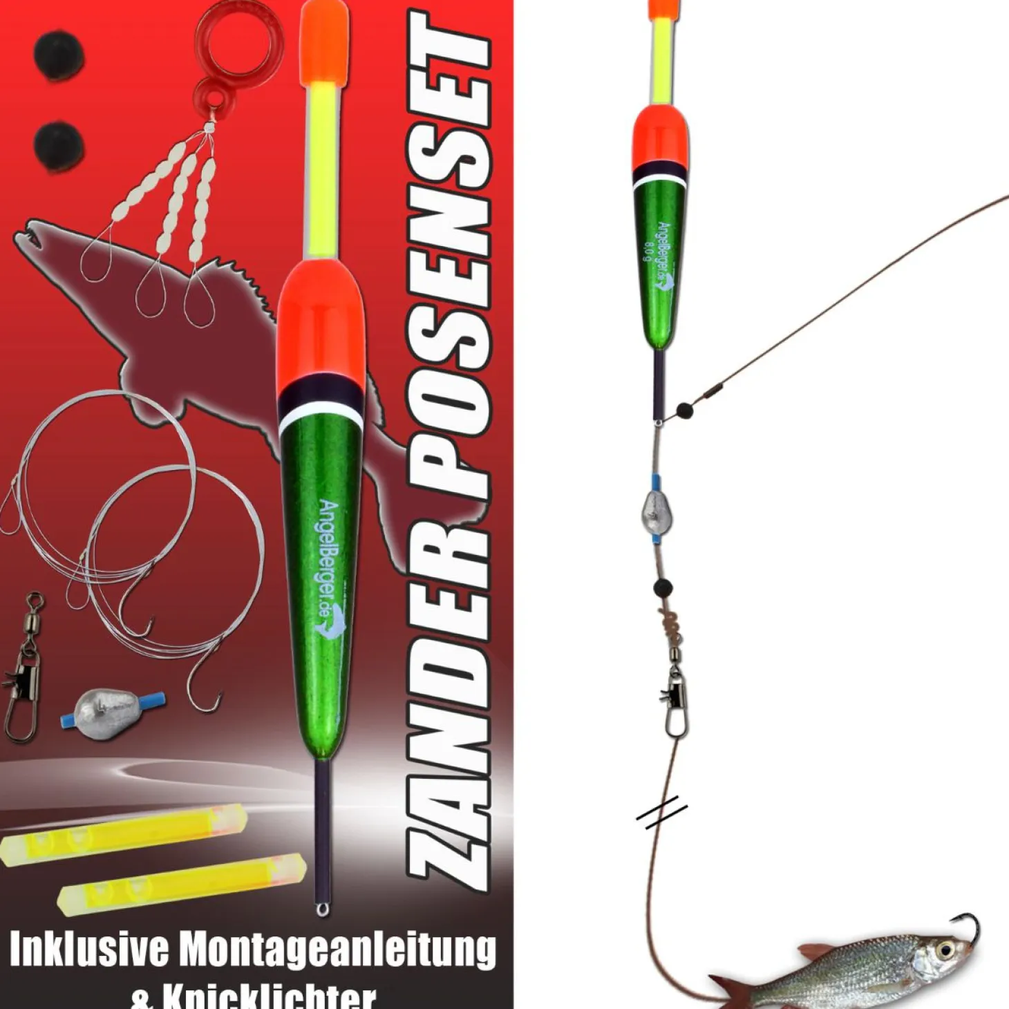 Angel Berger Zander Posen Set Köderfischmontage mit Knicklicht Ready2Fish Angelset Zander Angelsets