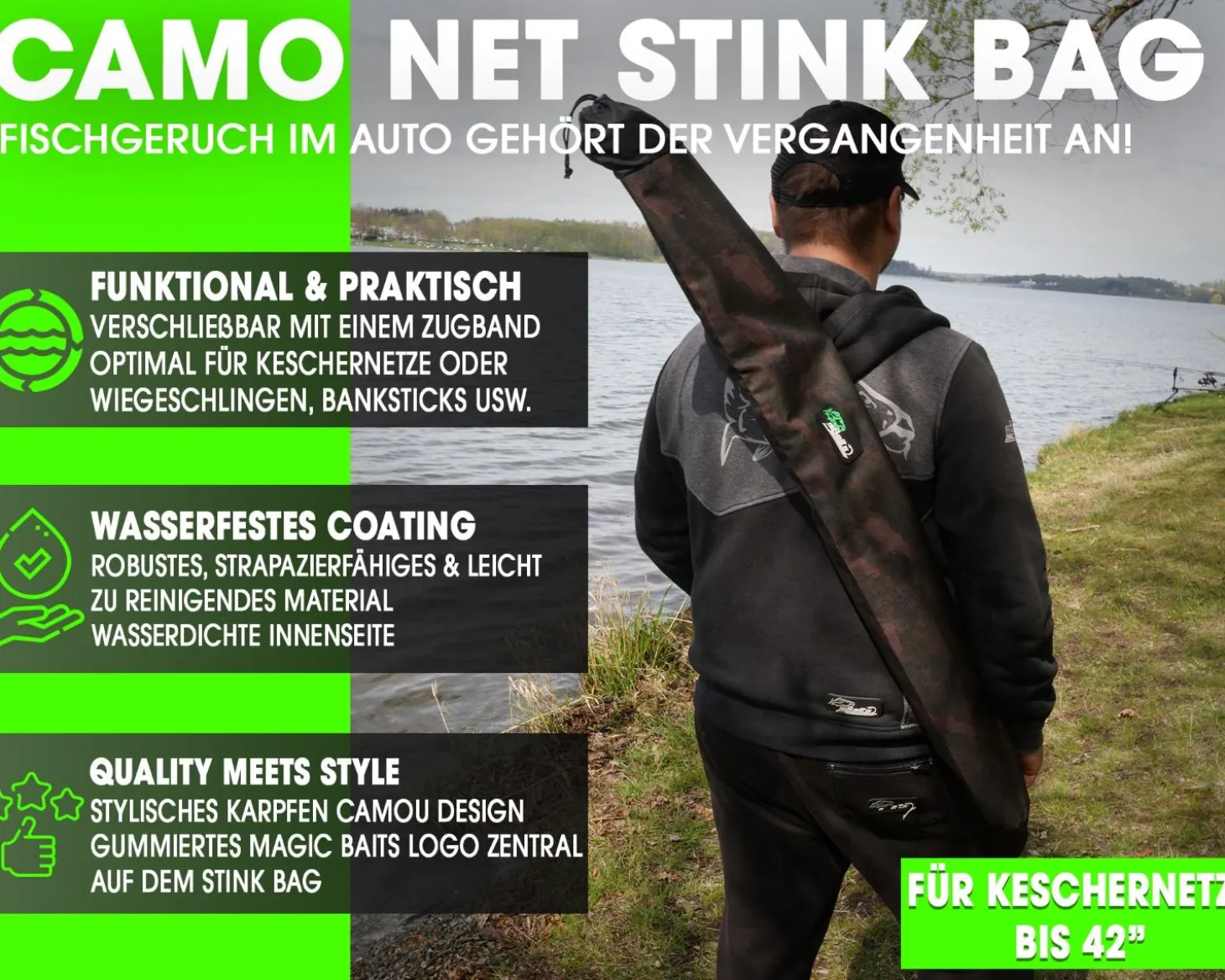 Magic Baits Keschertasche Camo Net Bag Stink Bag Tasche für Karpfenkescher Carp Tackle Angelzubehör