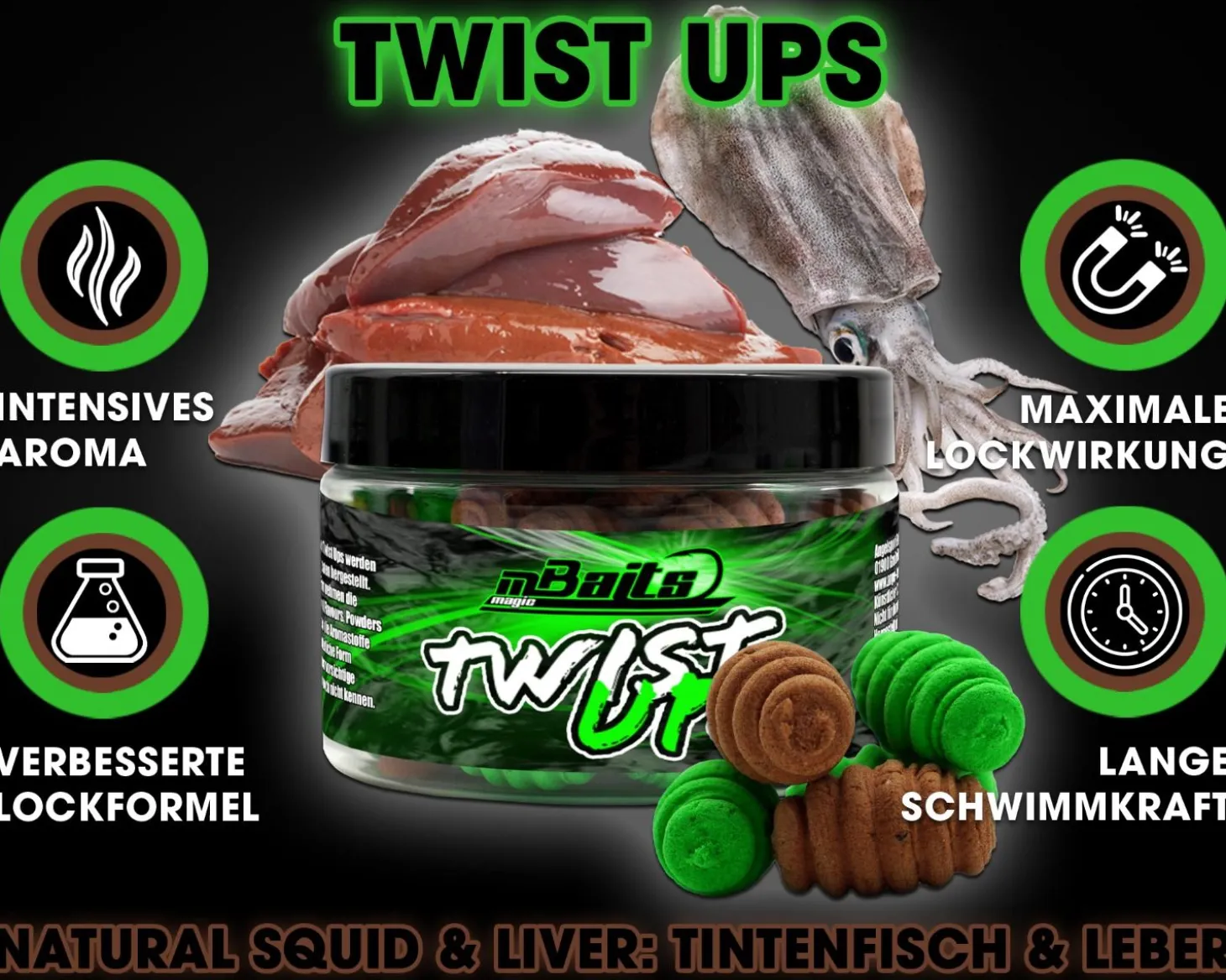 Magic Baits Twist Ups Pop Ups Boilies Premium Range Pop Up Hakenköder schwimmend Karpfenköder-Natural Squid & Liver Futtermittel
