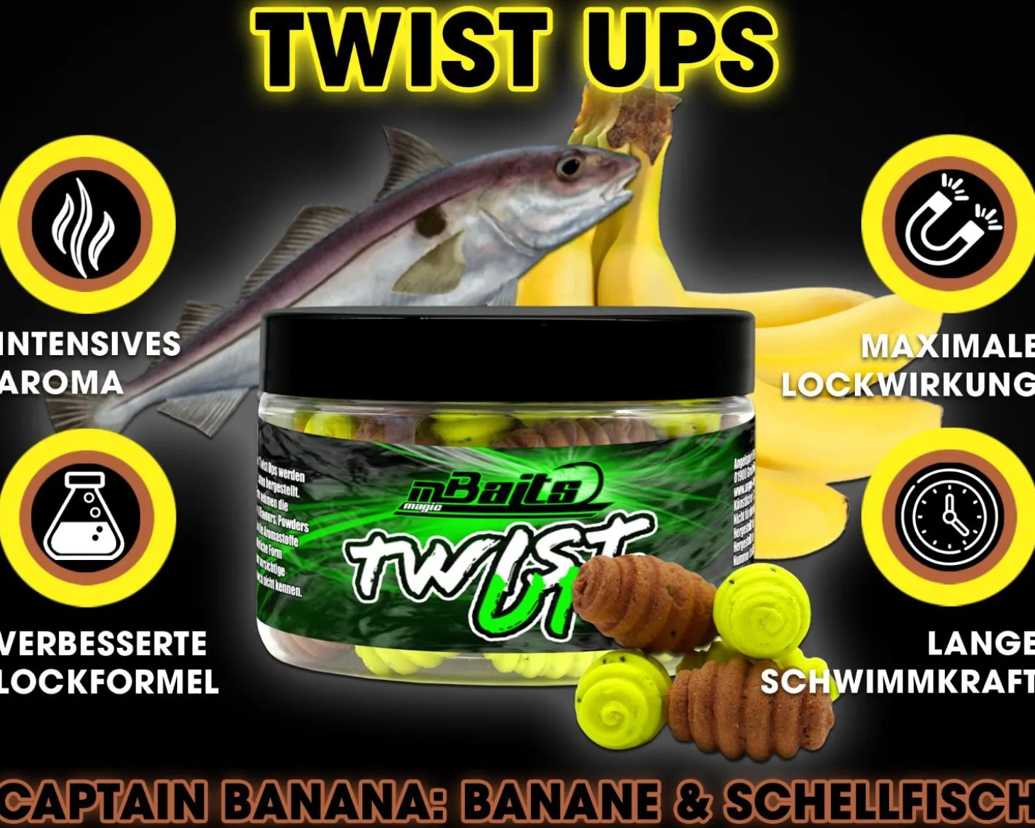 Magic Baits Twist Ups Pop Ups Boilies Premium Range Pop Up Hakenköder schwimmend Karpfenköder-Captain Banana Futtermittel