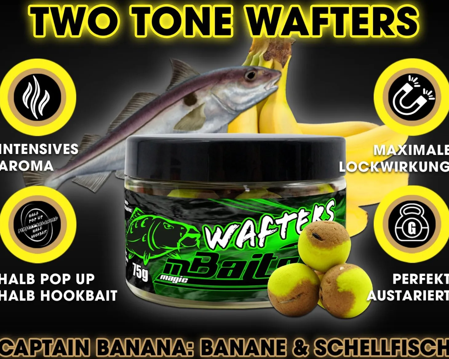 Magic Baits Two Tone Wafters Captain Banana Half Ups Half Pop Up Half Hookbait schwerelos Karpfenköder Boilie Futtermittel