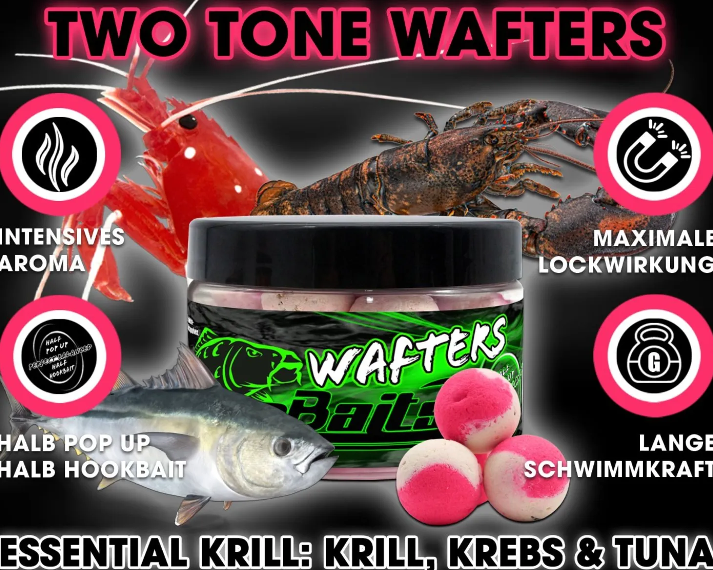 Magic Baits Two Tone Wafters Essential Krill Half Ups Half Pop Up Half Hookbait schwerelos Karpfenköder Boilie Futtermittel