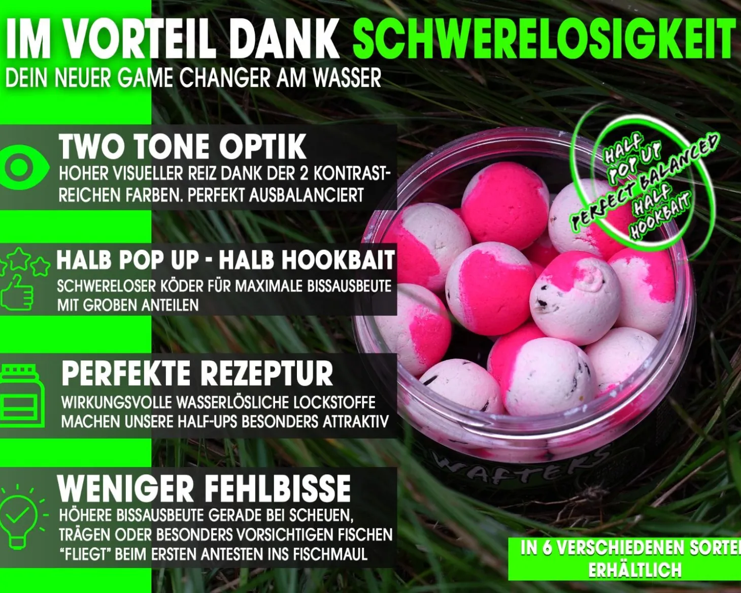 Magic Baits Two Tone Wafters Essential Krill Half Ups Half Pop Up Half Hookbait schwerelos Karpfenköder Boilie Futtermittel
