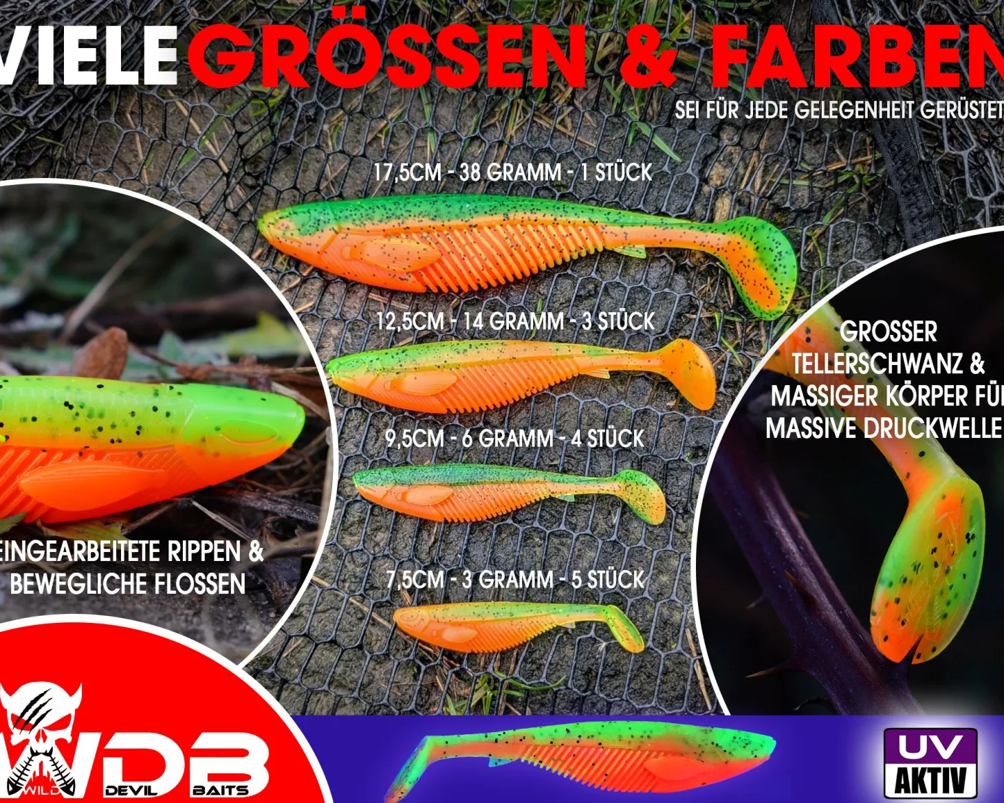 Wild Devil Baits Action Fire Tiger Shad Gummifisch Kunstköder Softlure Gummiköder Hecht Barsch Zander Angelköder Raubfischköder Angelköder
