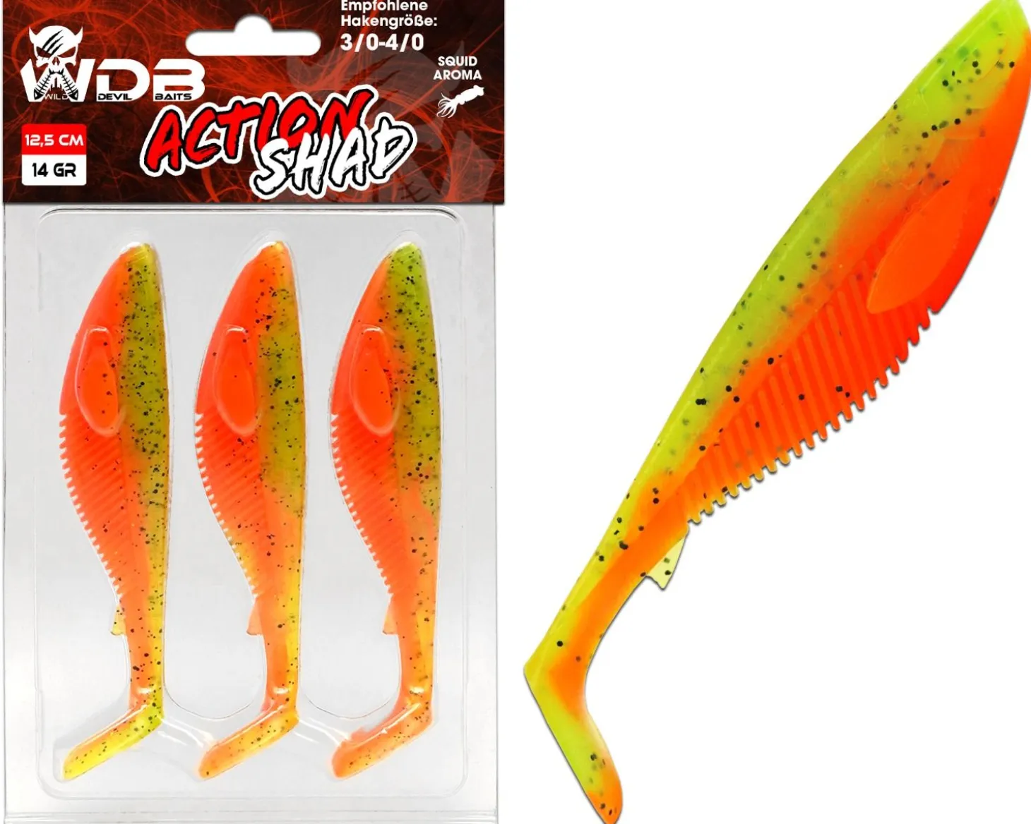 Wild Devil Baits Action Fire Tiger Shad Gummifisch Kunstköder Softlure Gummiköder Hecht Barsch Zander Angelköder Raubfischköder Angelköder