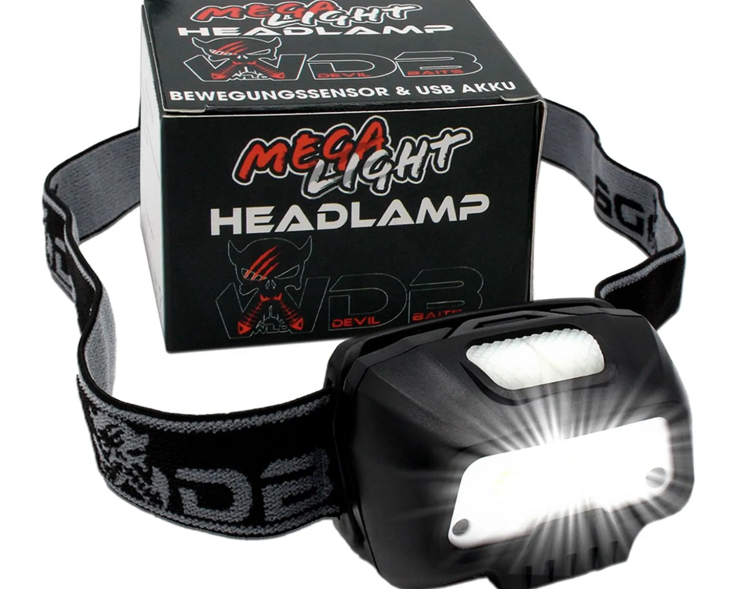 Wild Devil Baits Mega Light Head Lamp Kopflampe mit Bewegungssensor USB Akku Sensor LED Stirnlampe Zielfische