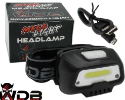 Wild Devil Baits Mega Light Head Lamp Kopflampe mit Bewegungssensor USB Akku Sensor LED Stirnlampe Zielfische