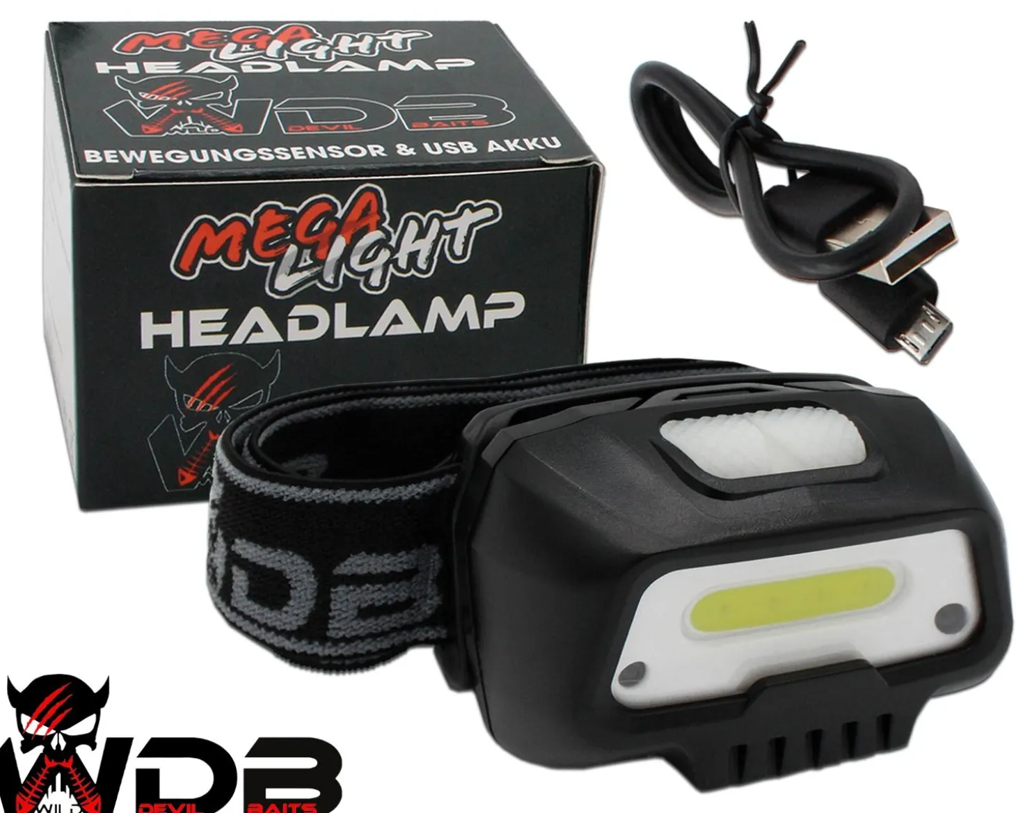 Wild Devil Baits Mega Light Head Lamp Kopflampe mit Bewegungssensor USB Akku Sensor LED Stirnlampe Zielfische