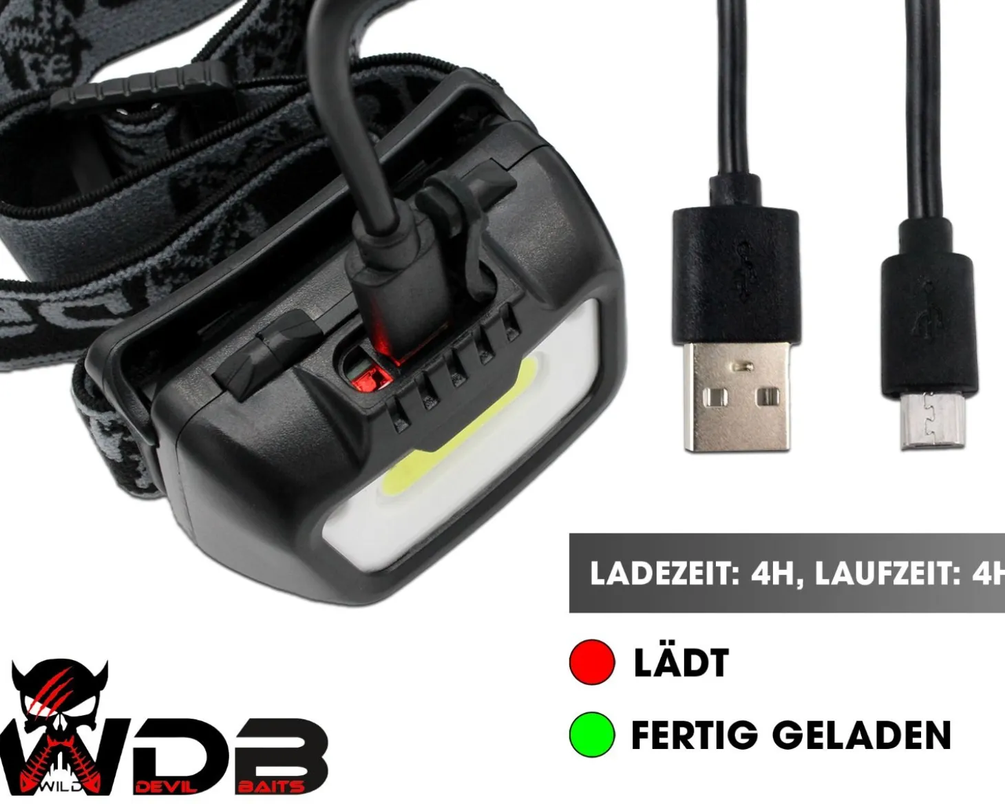 Wild Devil Baits Mega Light Head Lamp Kopflampe mit Bewegungssensor USB Akku Sensor LED Stirnlampe Zielfische