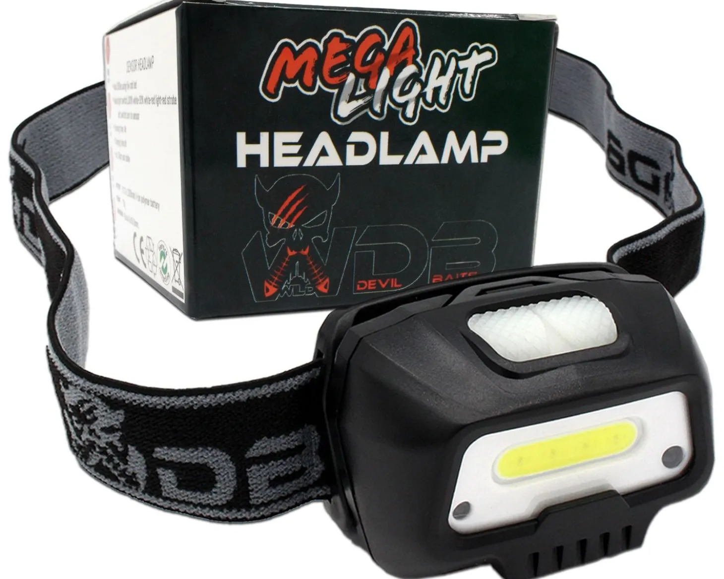 Wild Devil Baits Mega Light Head Lamp Kopflampe mit Bewegungssensor USB Akku Sensor LED Stirnlampe Zielfische