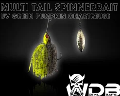 Wild Devil Baits Multi Tail Spinnerbait Spinner Bait Kunstköder Spin Jig Angelköder Barsch Hecht Zander-UV Green Pumpkin Chartreuse Angelköder