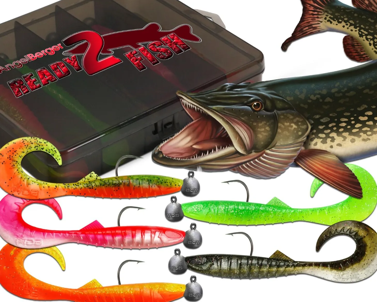 Wild Devil Baits Ready2Fish Tornado Curly Tail mit Box Twister Gummifisch Set mit Jighaken fertig zum Angeln Angelköder