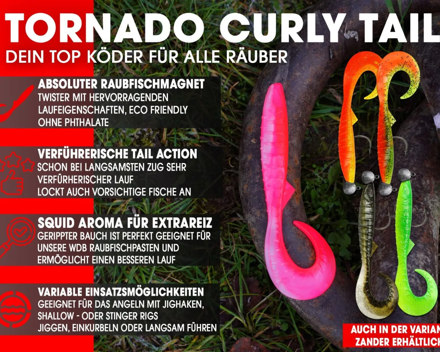 Wild Devil Baits Ready2Fish Tornado Curly Tail mit Box Twister Gummifisch Set mit Jighaken fertig zum Angeln Angelköder