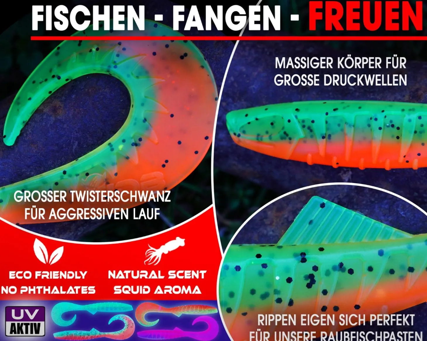 Wild Devil Baits Ready2Fish Tornado Curly Tail mit Box Twister Gummifisch Set mit Jighaken fertig zum Angeln Angelköder