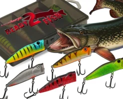 Wild Devil Baits Ready2Fish Wobbler Set Popper in Box Topwater Hardbaits für Hecht Zander Barsch Oberflächenköder mit Kunstköderbox Kunstköder Set Angelköder Angelköder