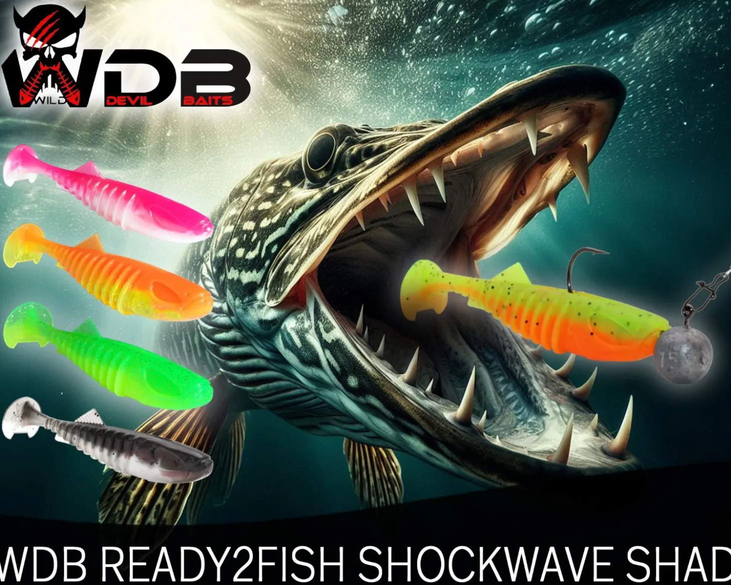 Wild Devil Baits Ready2Fish Shockwave Shad mit Box Gummifisch Set mit Jighaken Kunstköder Gummiköder Angelset Angelköder