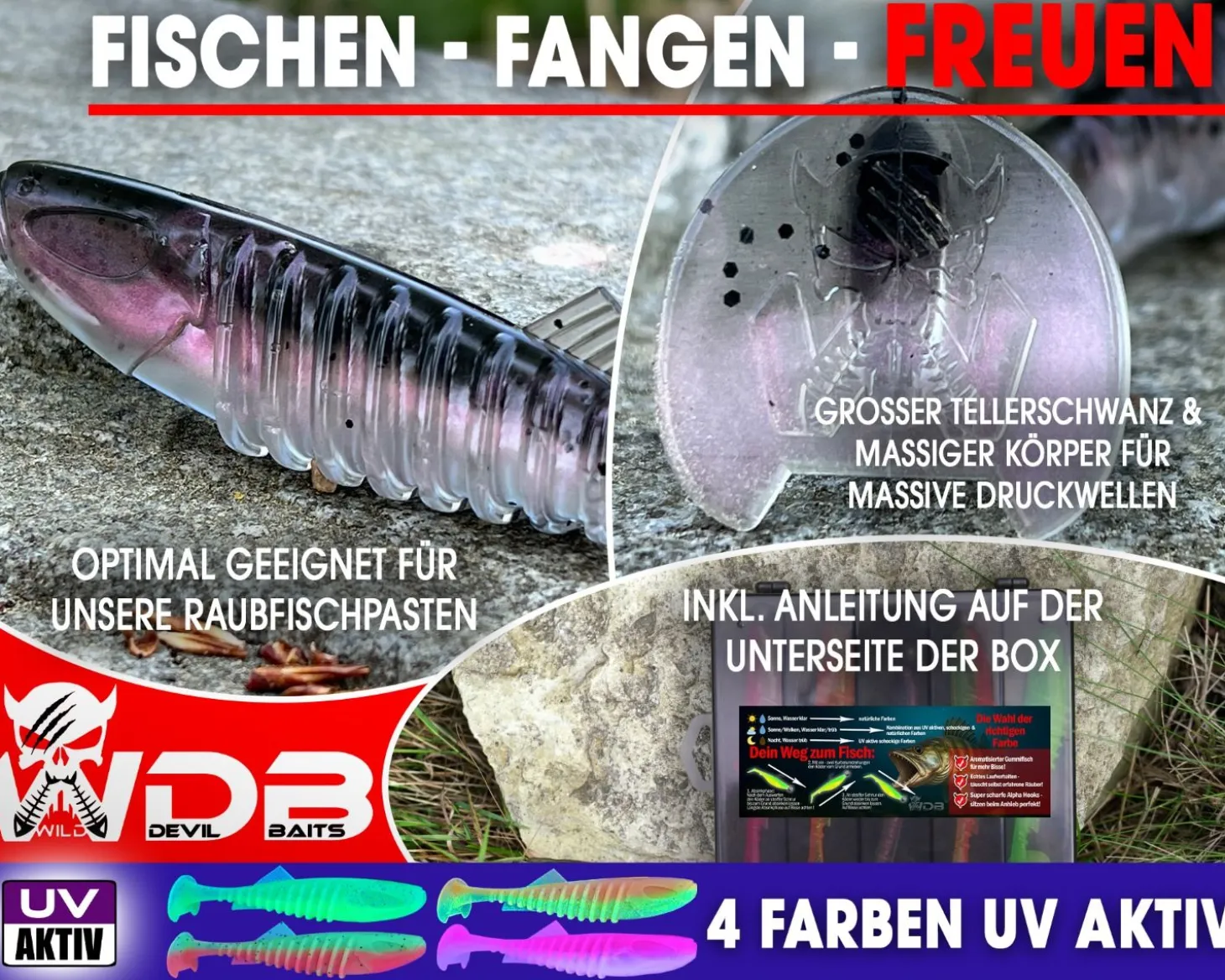 Wild Devil Baits Ready2Fish Shockwave Shad mit Box Gummifisch Set mit Jighaken Kunstköder Gummiköder Angelset Angelköder
