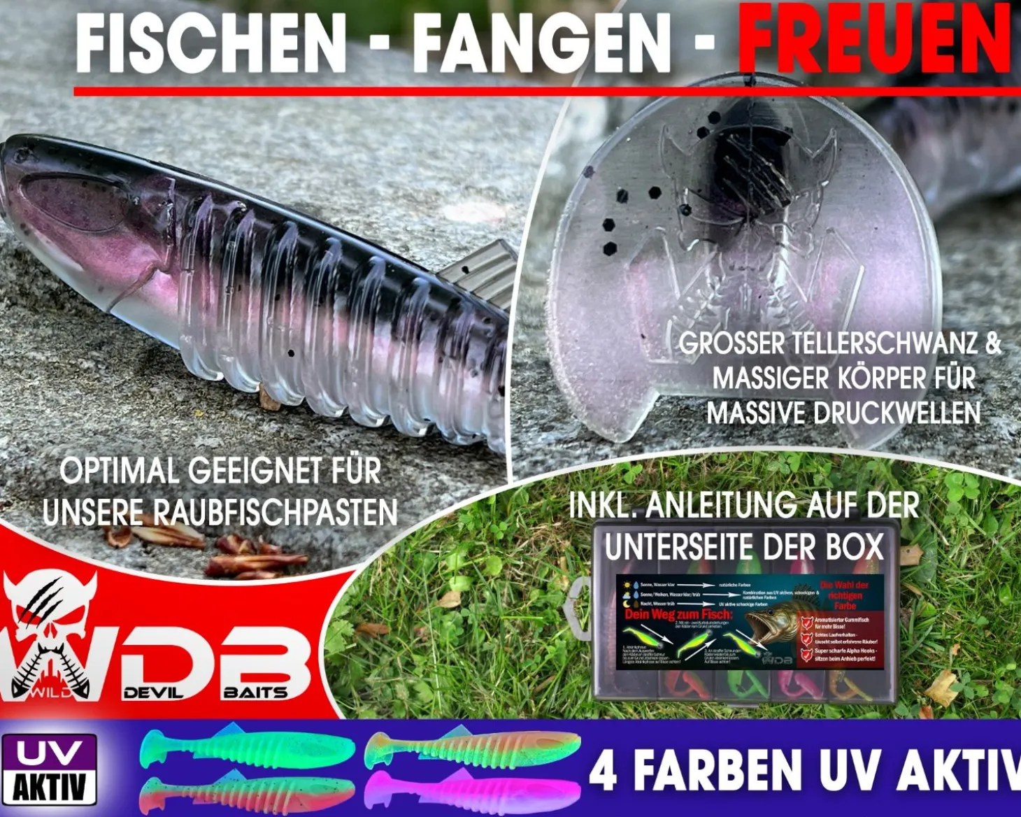 Wild Devil Baits Ready2Fish Shockwave Shad mit Box Gummifisch Set mit Jighaken Kunstköder Gummiköder Angelset Angelköder