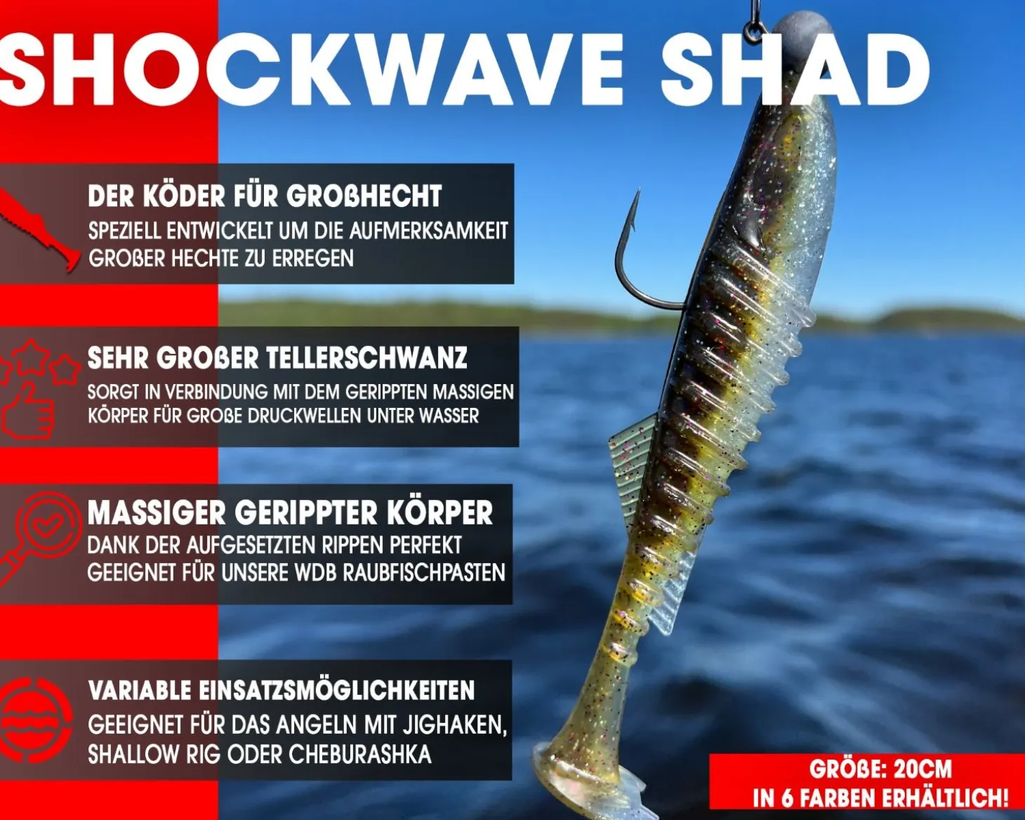 Wild Devil Baits Shockwave Shad 20cm Gummifisch Kunstköder Softlure Gummiköder Hecht Wels Dorsch Heilbutt Meeresköder Raubfischköder Angelköder