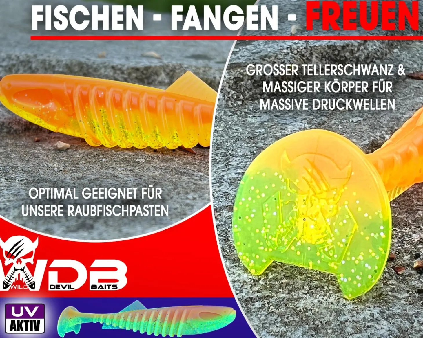 Wild Devil Baits Shockwave Shad 20cm Gummifisch Kunstköder Softlure Gummiköder Hecht Wels Dorsch Heilbutt Meeresköder Raubfischköder Angelköder