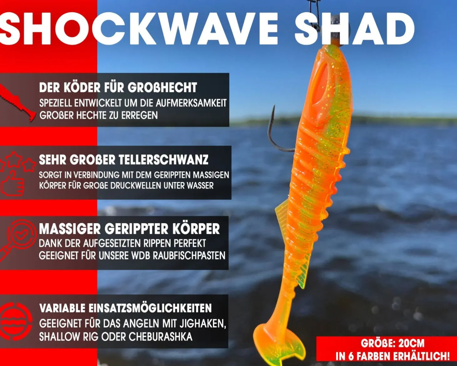 Wild Devil Baits Shockwave Shad 20cm Gummifisch Kunstköder Softlure Gummiköder Hecht Wels Dorsch Heilbutt Meeresköder Raubfischköder Angelköder