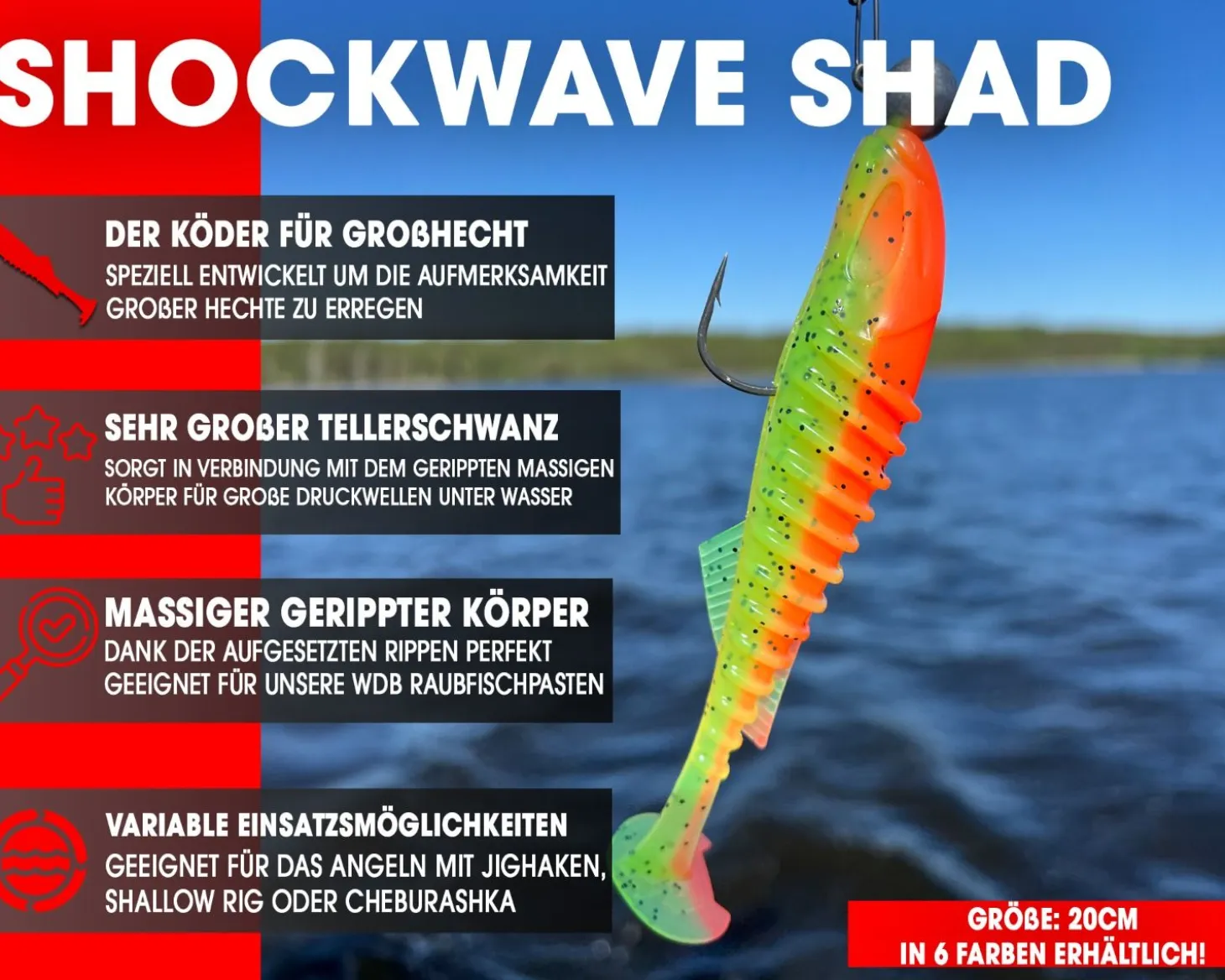 Wild Devil Baits Shockwave Shad 20cm Gummifisch Kunstköder Softlure Gummiköder Hecht Wels Dorsch Heilbutt Meeresköder Raubfischköder Angelköder