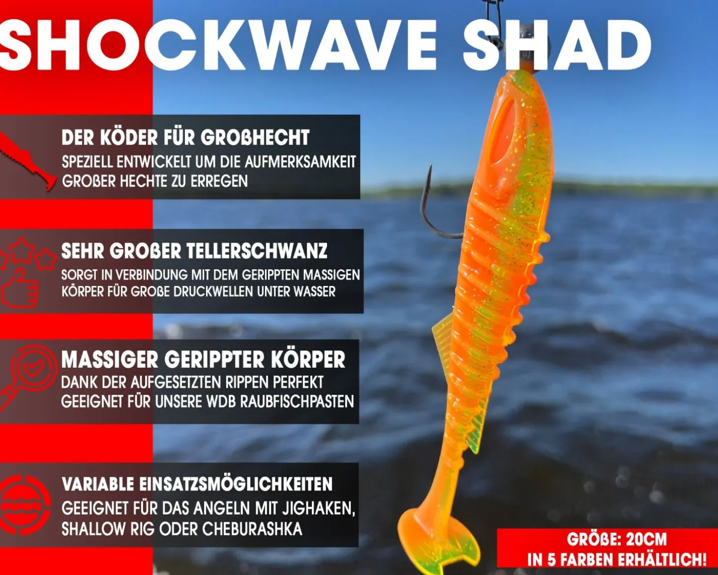 Wild Devil Baits Shockwave Shad 20cm Gummifisch Kunstköder Softlure Gummiköder Hecht Wels Dorsch Heilbutt Meeresköder Raubfischköder Angelköder