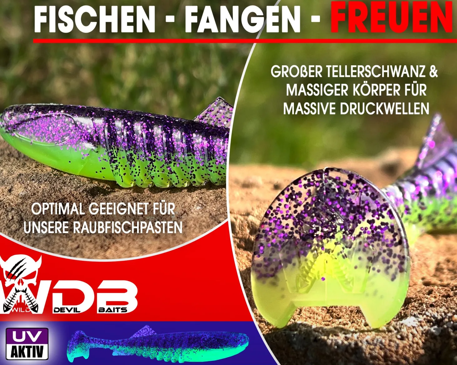 Wild Devil Baits Shockwave Shad Purple Chartreuse Gummifisch Kunstköder Softlure Gummiköder Hecht Barsch Zander Angelköder Raubfischköder Angelköder