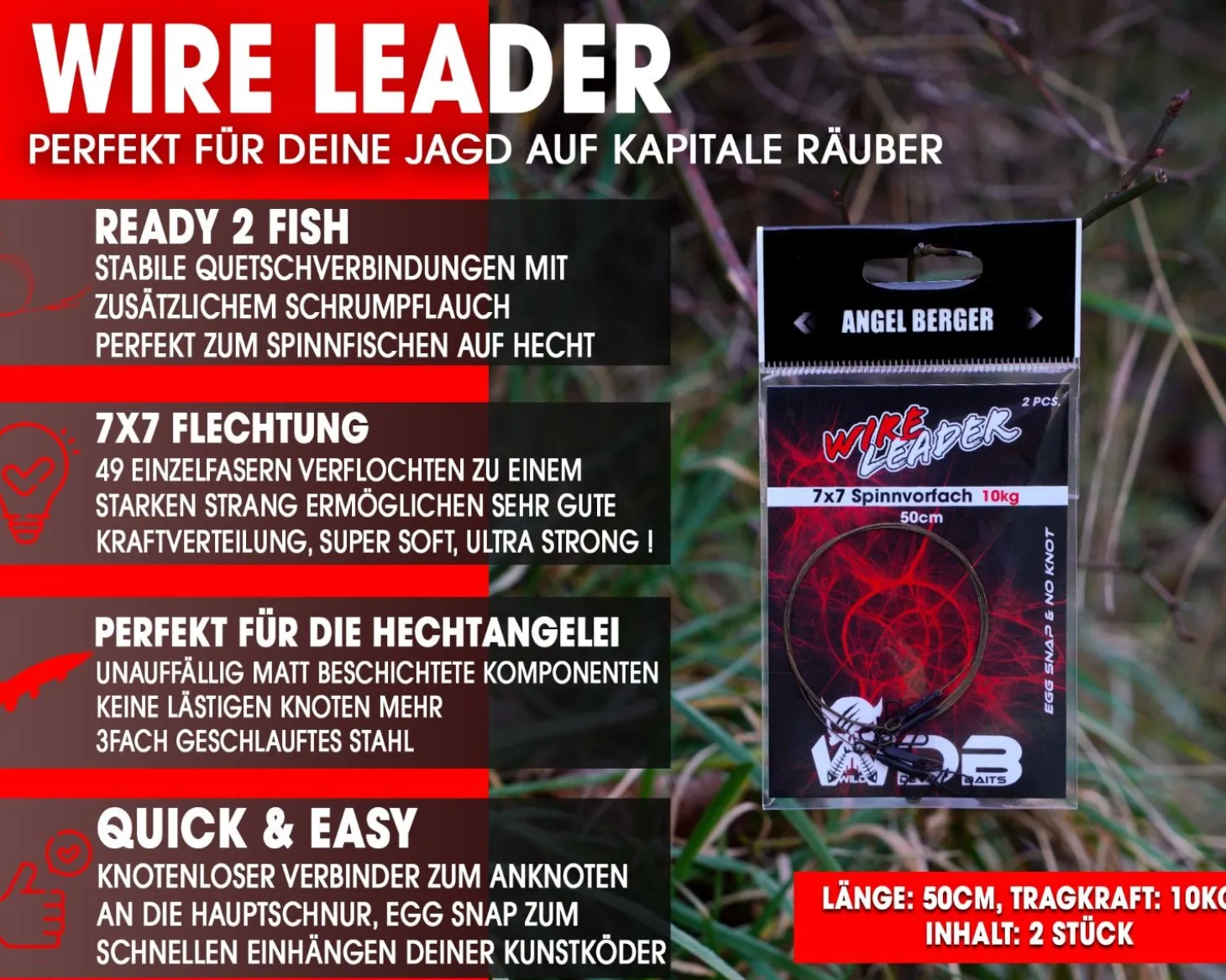 Wild Devil Baits Wire Leader Egg Snap - No Knot 7x7 Stahlvorfach 50cm Spinnvorfach Raubfisch Vorfach Kunstköder Vorfächer Angelzubehör