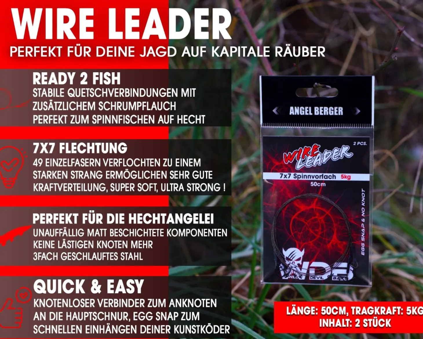 Wild Devil Baits Wire Leader Egg Snap - No Knot 7x7 Stahlvorfach 50cm Spinnvorfach Raubfisch Vorfach Kunstköder Vorfächer Angelzubehör